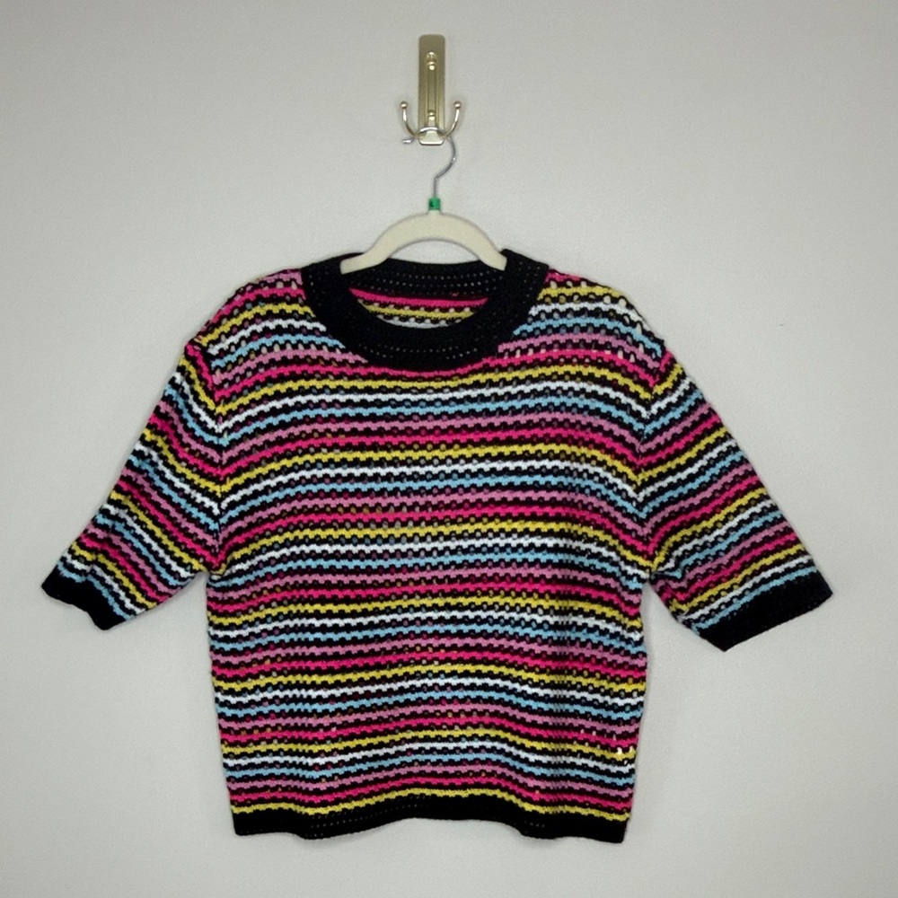 Crochet Multicolor Striped Short Sleeve Top Size XL